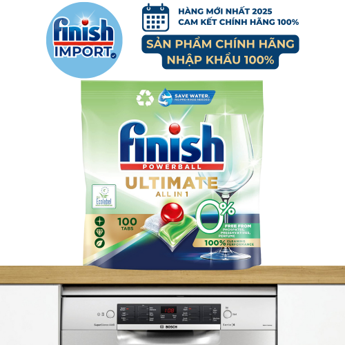 Túi 100 viên Finish Ultimate All in 1 0% Ecolabel EU 2024, thân thiện môi trường, an toàn cho gia đình có trẻ nhỏ, cho máy 12-13 bộ+